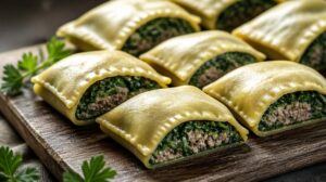 Tradiční plněné taštičky Maultaschen s mletým masem a špenátem