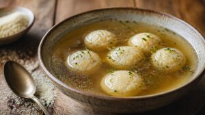 Tradiční polévka se krupicovými flíčky Grießnockerlsuppe