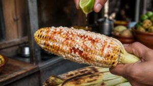 Tradiční pouliční kukuřice Elote s majonézou, chilli, limetkou a sýrem