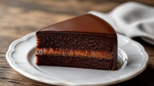 Tradiční rakouský sacher dort s meruňkovou zavařeninou