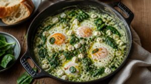 Tradiční ranní Shakshuka se zeleným špenátem a sýrem feta: Krémová verze oblíbené pánve bez rajčat