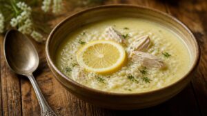 Tradiční řecká polévka Avgolemono: Krémový kuřecí vývar s rýží, citronovou šťávou a rozšlehaným vajíčkem