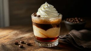 Tradiční římský pohár Coppa Caffè: Vrstvená kávová slast s gelatem, likérem Kahlúa a kopcem domácí šlehačky