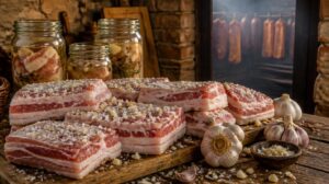 Tradiční rumunská vepřová slanina Slănină cu Ceapă: Jak správně naložit a vyudit domácí špek s česnekem