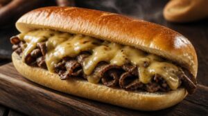 Tradiční sendvič Philly Cheesesteak s tenkými plátky hovězího a sýrovou omáčkou
