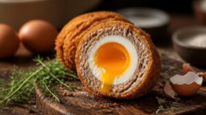 Tradiční skotské vejce Scotch Egg obalené v mletém mase a strouhance