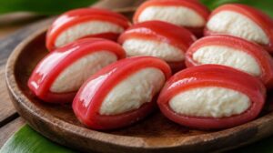Tradiční sladký dezert Casquitos de Guayaba — sirupové skořápky z guavy se sýrem