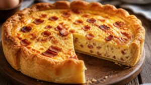 Tradiční slaný koláč Quiche Lorraine: Křehké máslové těsto se slaninou, sýrem a nadýchanou smetanou