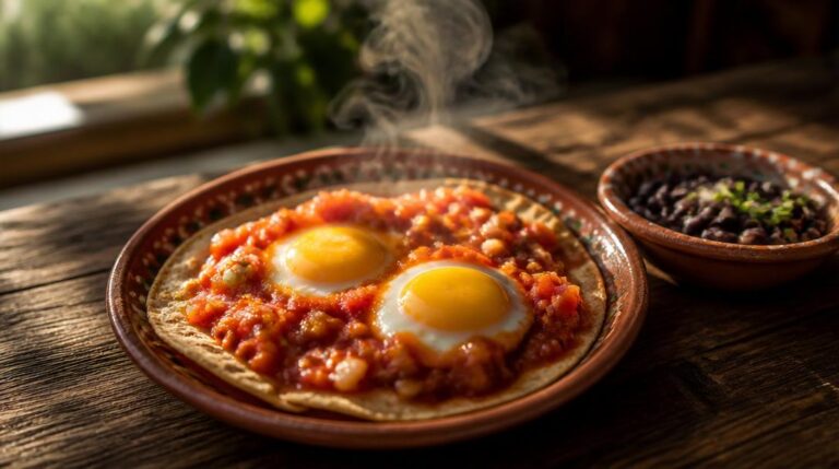 Tradiční snídaňová vejce Huevos Rancheros na tortille s teplou salsou a fazolemi