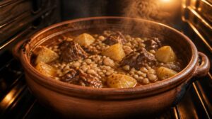 Tradiční sobotní Šoulet (Cholent): Pomalu pečený hrnec s hovězím masem, kroupami, fazolemi a bramborami z jedné trouby