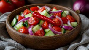 Tradiční srbský salát (Srpska salata): Šopský salát bez sýra, ale s ostrou pálivou papričkou pro chlapy