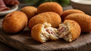 Tradiční šunkové krokety Croquetas de Jamón smažené dozlatova