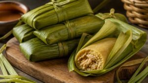 Tradiční Tamales z kukuřičného těsta plněné kuřecím masem a napařené v kukuřičném listu