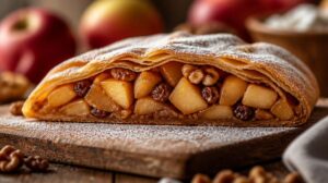 Tradiční tažený jablečný závin Apfelstrudel s rozinkami a ořechy