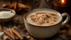 Tradiční teplý mléčný nápoj Sahlab: Hustý zimní drink s kokosem, skořicí a drcenými ořechy pro zahřátí