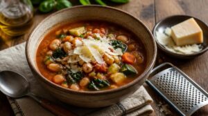 Tradiční toskánská zeleninová polévka minestrone s parmazánem