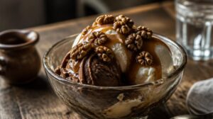 Tradiční toskánský pohár Coppa Donizetti: Vanilkové a čokoládové gelato přelité horkým karamelem a vlašskými ořechy