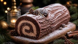 Tradiční vánoční roláda Bûche de Noël: Čokoládové vánoční poleno s pařížským krémem