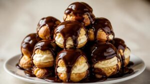 Tradiční větrníčky Profiteroles plněné vanilkovým krémem a přelité horkou čokoládou