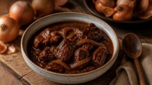 Tradiční vídeňský guláš Wiener Saftgulasch s hustou cibulovou omáčkou