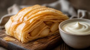 Tradiční vídeňský tažený jablečný závin Apfelstrudel s vanilkovým krémem