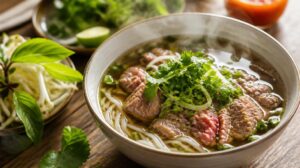 Tradiční vietnamská polévka Pho Bo s hovězím masem a bylinkami