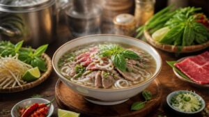 Tradiční vietnamská polévka Pho Bo s hovězím masem a bylinkami
