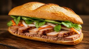 Tradiční vietnamský sendvič Banh Mi s paštikou, bůčkem a nakládanou zeleninou