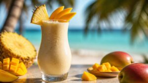 Tropická nealkoholická Piña Colada s čerstvým mangem: Bohatý koktejl z kokosové smetany a ananasového džusu
