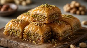 Turecká baklava s medem, vlašskými ořechy a pistáciemi