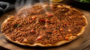 Turecká pizza Lahmacun s tenkým těstem a pikantním mletým masem