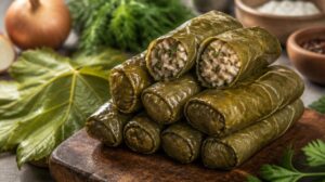 Turecké holubce Sarma — mleté maso s rýží v hroznových listech