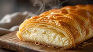 Tvarohový závin z lístkového těsta Topfenstrudel podávaný teplý