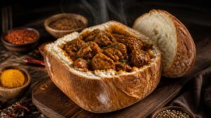 Uliční hit Bunny Chow — vydlabaný bochník chleba plněný pikantním kari