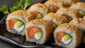 Uramaki sushi s lososem, krémovým sýrem a avokádem obalené v sezamu