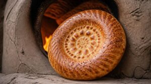 Uzbecký kulatý chléb Non pečený v peci tandoor s ozdobným vzorem