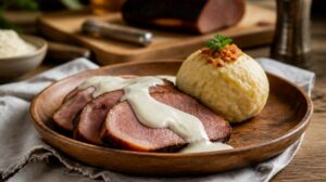 Uzené maso s křenovou omáčkou a knedlíkem