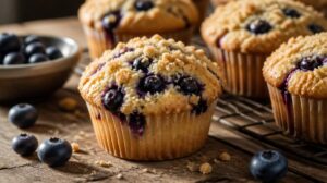 Vanilkové muffiny s borůvkami a drobenkou