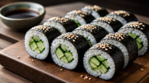 Vegetariánské maki sushi s okurkou a sezamem
