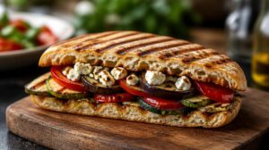 Vegetariánské panini s grilovaným lilekem, cuketou, paprikou a sýrem feta