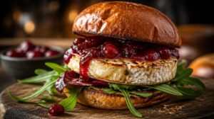 Vegetariánský burger s grilovaným sýrem camembert a brusinkami