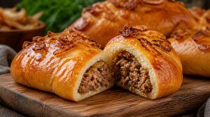 Velké pečené pirožky s mletým masem a osmaženou cibulkou
