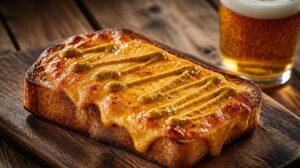 Velšský sýrový toust Welsh Rarebit s pivem, hořčicí a čedarem