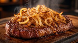 Vídeňská roštěná Zwiebelrostbraten s bohatou porcí dokonalé smažené cibulky