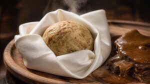 Vídeňský houskový knedlík Semmelknödel vařený v ubrousku