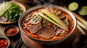 Vietnamská pikantní polévka Bun Bo Hue s hovězím masem a citrónovou trávou