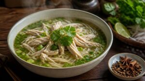 Vietnamská polévka Pho Ga s kuřecím masem a rýžovými nudlemi