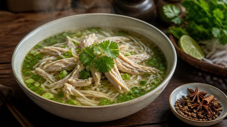 Vietnamská polévka Pho Ga s kuřecím masem a rýžovými nudlemi