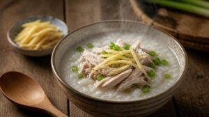 Vietnamská rýžová kaše s trhaným kuřecím masem a zázvorem (Chao Ga)