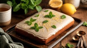 Vláčný mátový perník s citronovou polevou: Rychlý hrníčkový recept na plech provoněný čerstvými bylinkami